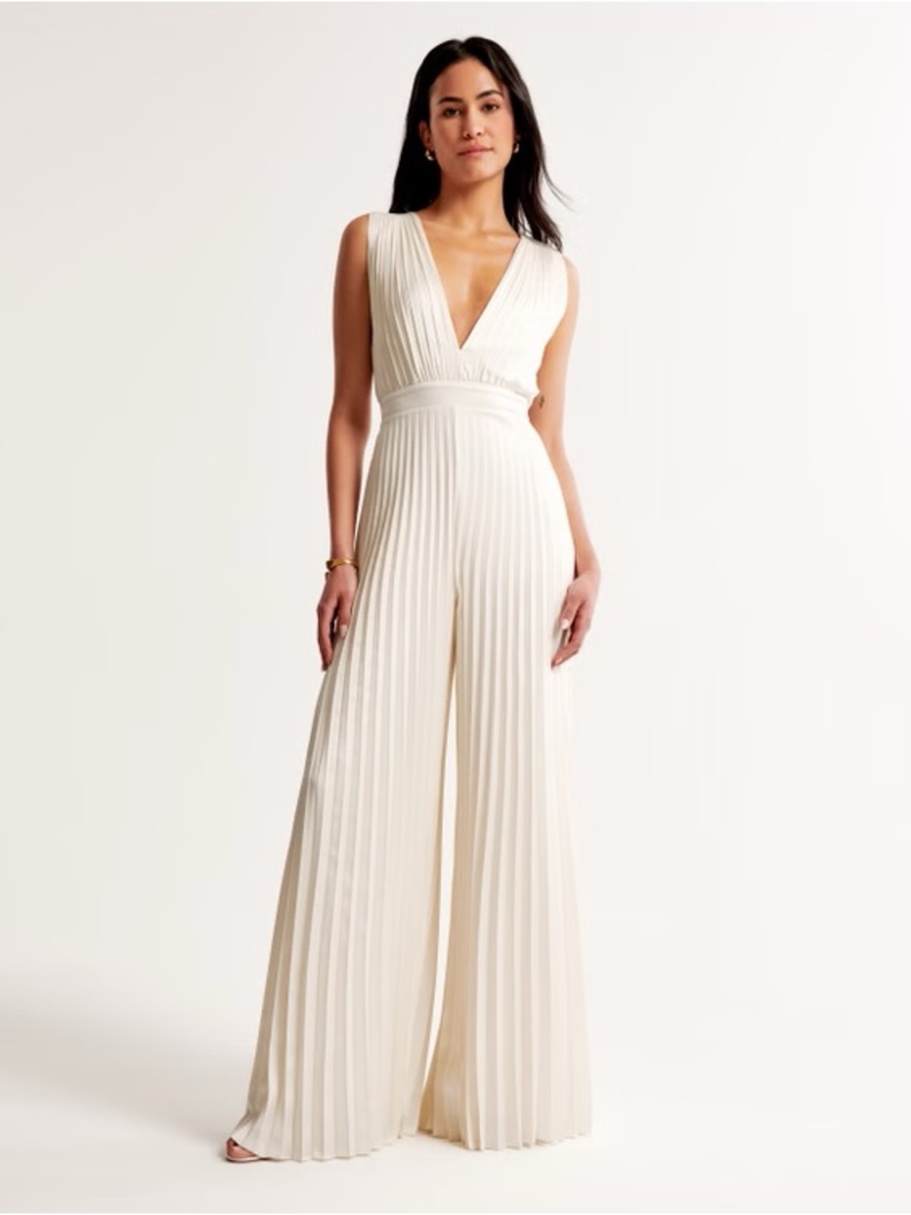 Abercrombie & Fitch Ivory Pleated V-Neck Wide-Leg Jumpsuit